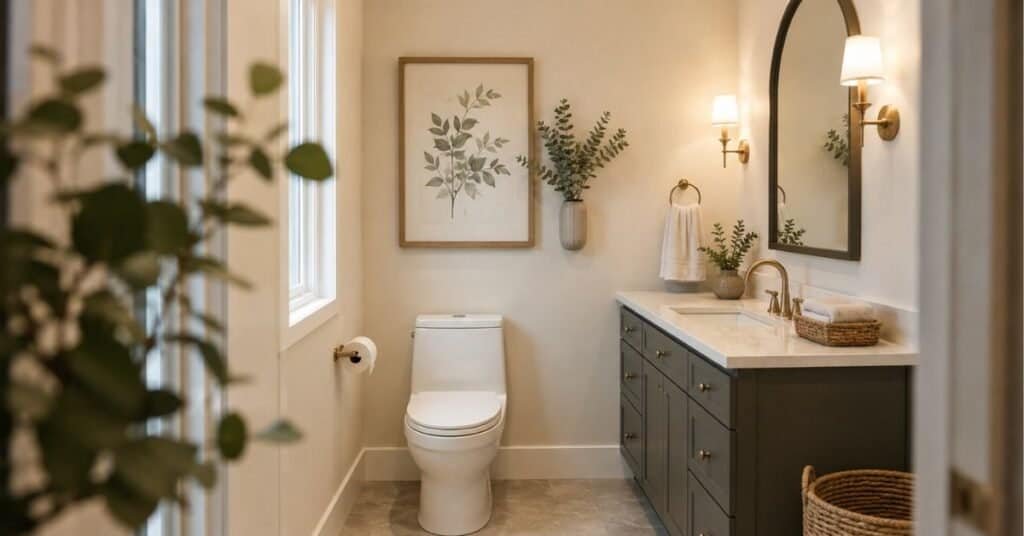 Bathroom Decor Ideas Above Toilet with one framed botanical print and soft greenery above a white toilet, no shelves.