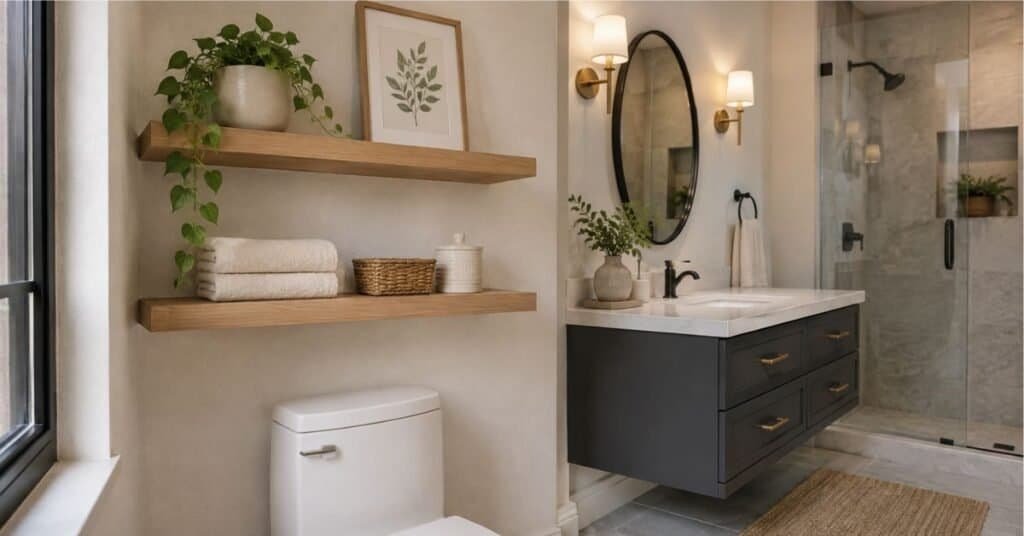 Bathroom Decor Ideas Above Toilet with pale oak floating shelves, folded towels, woven basket, botanical art, and small greenery.
