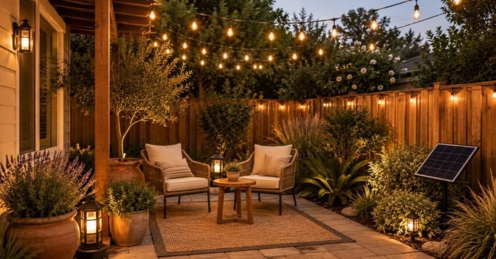Budget backyard lighting with solar string lights over a cozy seating corner, woven chairs, planters, and warm outdoor glow.