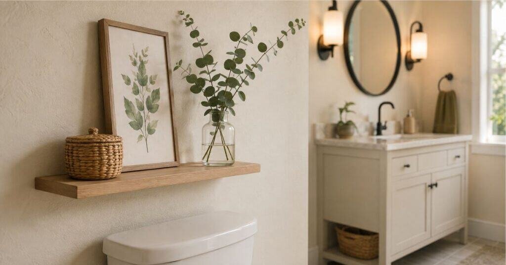 Budget bathroom decor above toilet with a slim pale oak ledge, framed botanical art, woven basket, and simple eucalyptus vase.