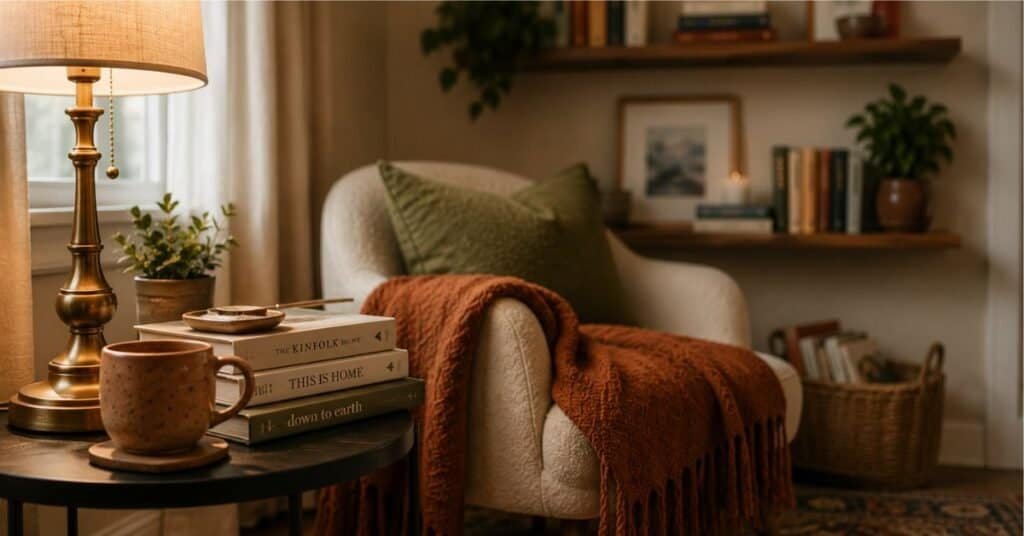 Budget friendly home library small space nook with oak shelves, cream chair, rust throw, brass lamp, woven basket, and stacked books.