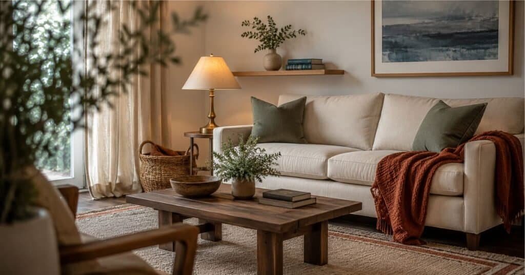 Budget friendly minimalist room decor with cream sofa, sage pillows, rust throw, wood coffee table, woven basket, and warm brass lamp.