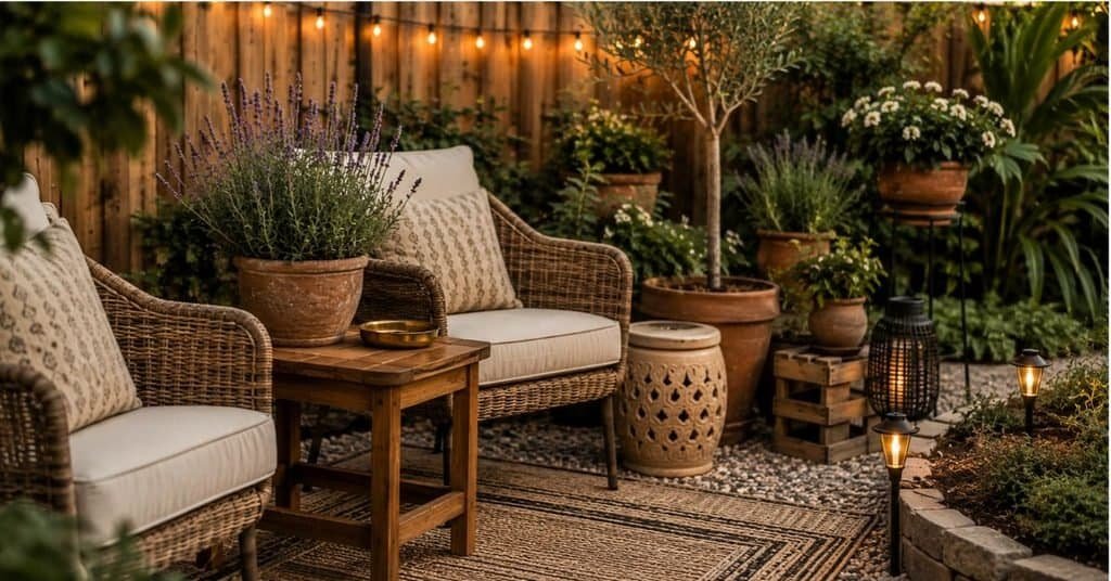 Budget garden accessories and decor with woven chairs, terracotta pots, lavender, solar lights, neutral rug, and warm backyard style.