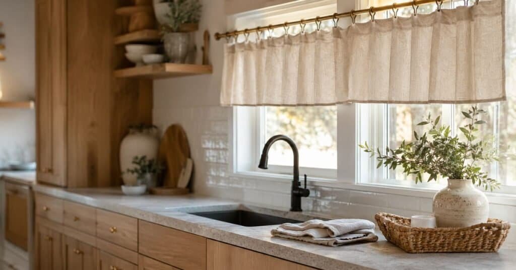 Budget modern kitchen valance ideas with beige cotton fabric, brass rod, clip rings, oak shelves, and warm window light.