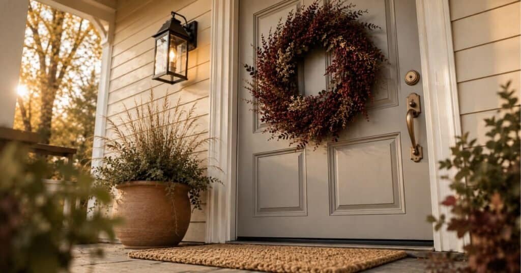 Burgundy berry front door autumn wreath with olive leaves, cream accents, and natural twigs on a pale gray door.