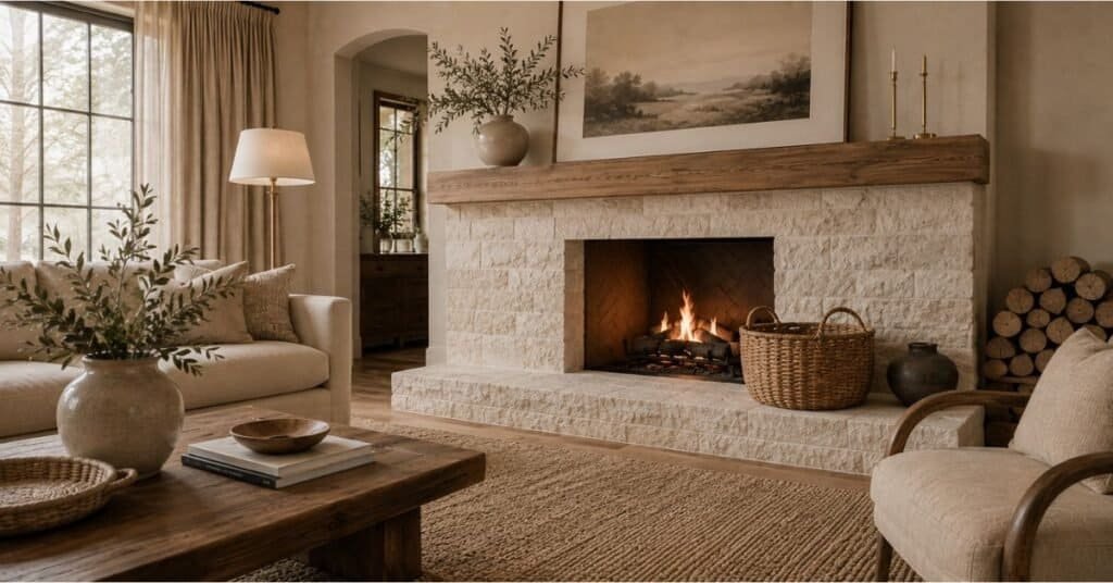 Clean fireplace hearth styled with one woven basket, ceramic decor, warm wood, and open space in a cozy living room.