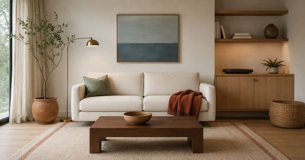 Corrected minimalist room decor with cream sofa, clear coffee table, pale oak storage, open shelf space, woven basket, and warm lighting.