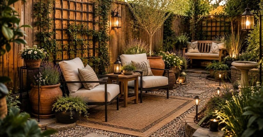 Cozy garden seating with two cream outdoor chairs, warm wood side table, terracotta planters, gravel path, and soft backyard lighting.