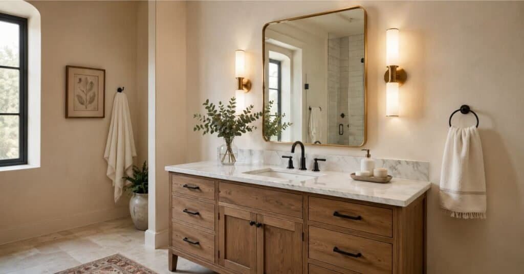 Decorative bathroom mirror hung above a wood vanity with brass sconces, marble look counter, matte black faucet, and clean styling.