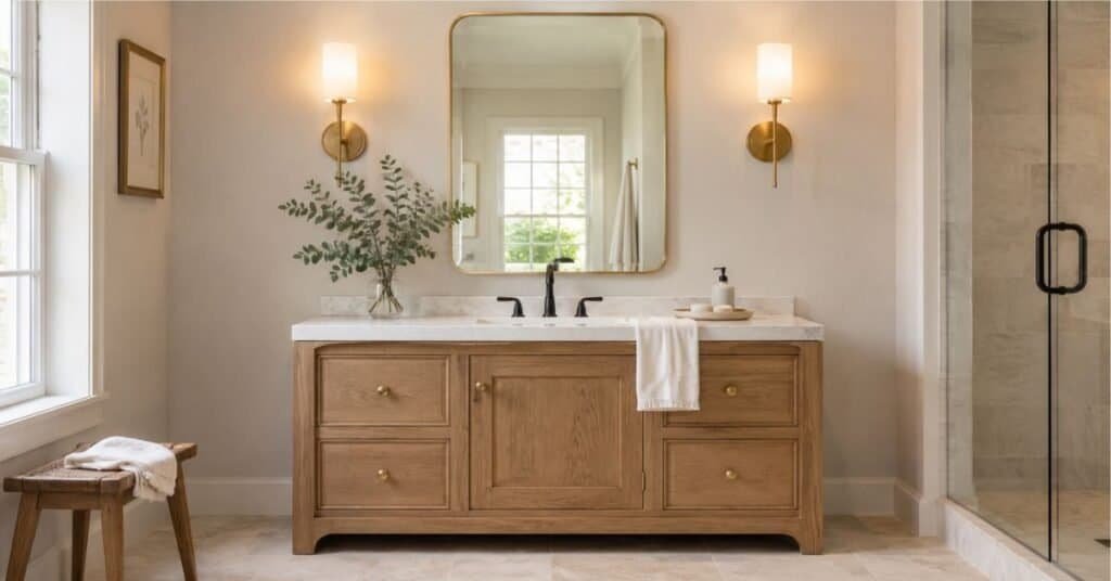 Decorative bathroom mirror sized slightly narrower than a wood vanity with brass sconces, marble look counter, and clean balanced styling.