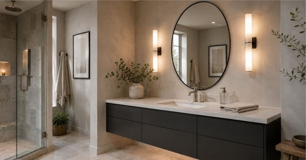 Decorative bathroom mirror with brushed brass frame, warm sconces, wood vanity, marble look counter, eucalyptus stems, and clean styling.