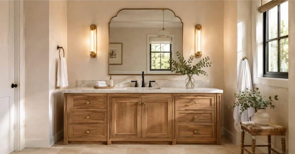 Decorative bathroom mirror with warm side sconces, brushed brass frame, wood vanity, marble look counter, and soft vanity lighting.