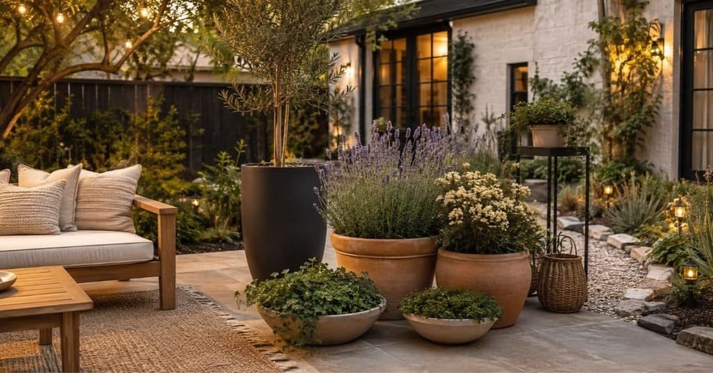 Decorative garden planters in different heights with terracotta pots, black metal accents, lavender, greenery, and a cozy backyard patio.