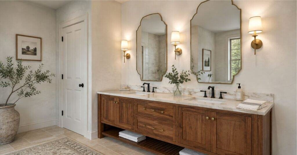 Double vanity with two decorative bathroom mirrors, brushed brass sconces, wood vanity, marble look counter, and clean warm styling.