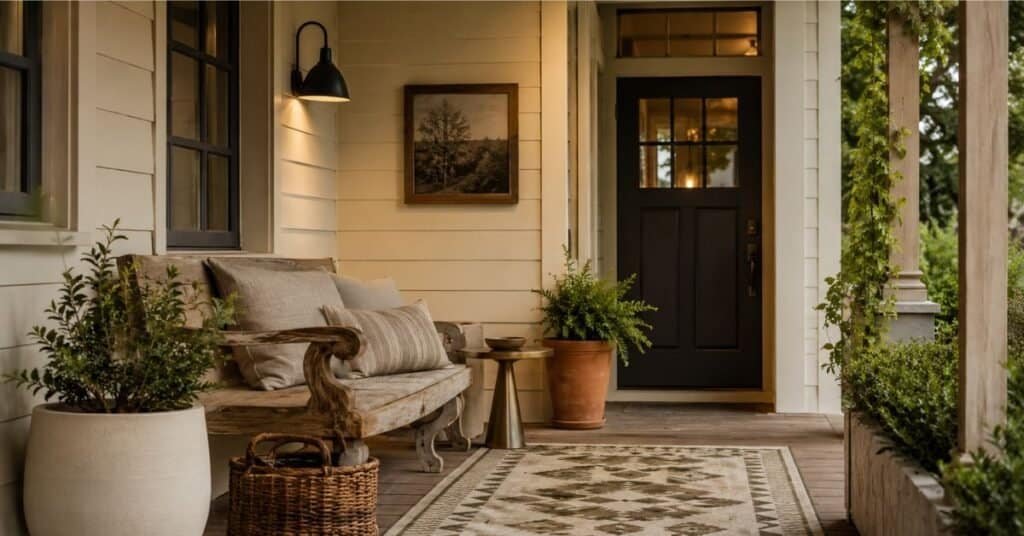 Eclectic porch decor blending a vintage wood bench with a modern black sconce, ceramic planters, a geometric rug, and linen cushions.