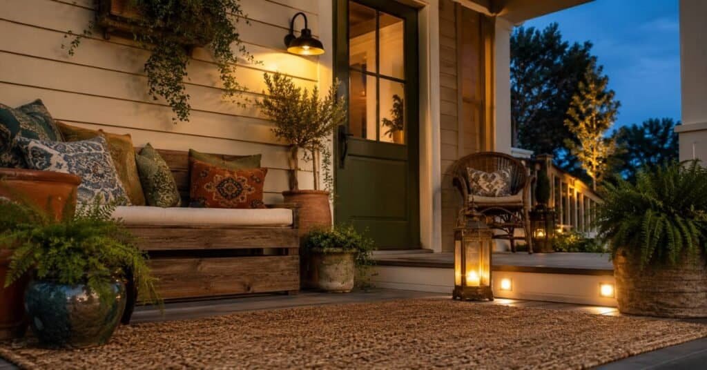 Eclectic porch decor with a warm wall sconce, brass lantern, low step lights, patterned cushions, and leafy planters.