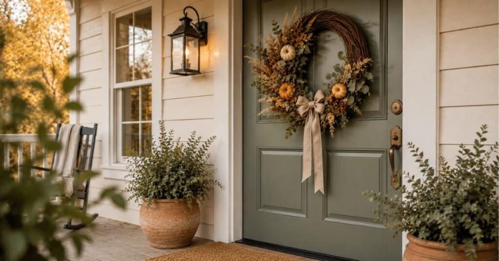 Farmhouse front door autumn wreath with mini pumpkins, eucalyptus, wheat, and rustic greenery on a sage green door