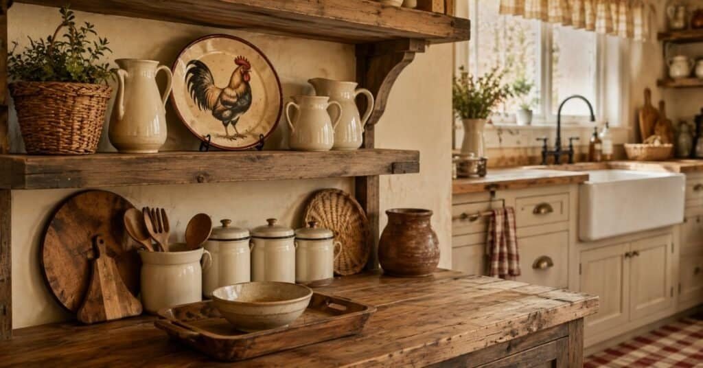 Farmhouse rooster kitchen decor with rooster plate, open shelves, ceramic pitchers, woven baskets, and clean country counter styling.