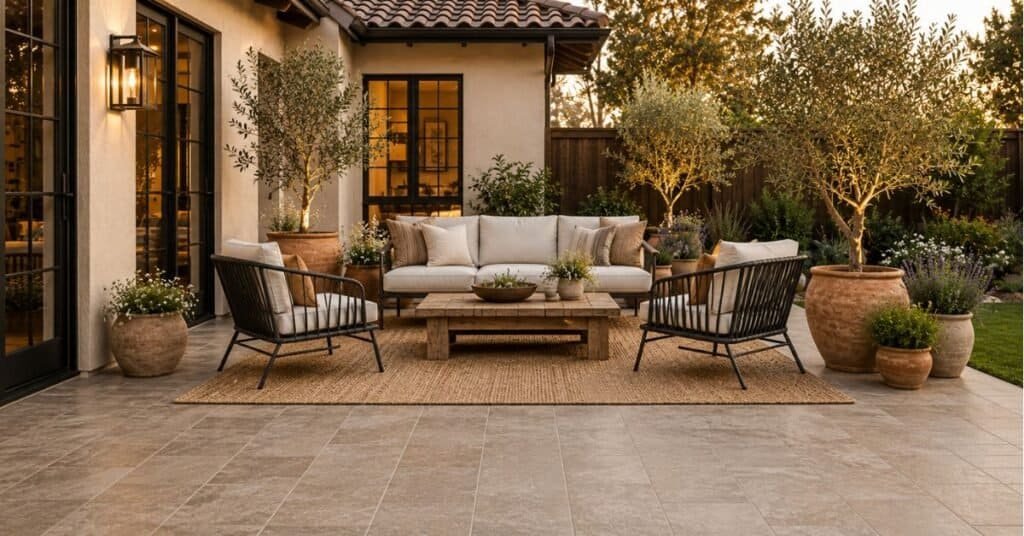 Finished backyard patio with weather resistant outdoor tiles, warm neutral grout, seating, rug, planters, and soft greenery.