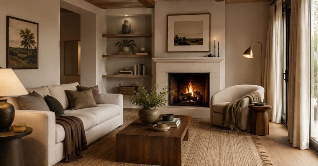 Fireplace wall balanced with styled shelving, a reading chair, floor lamp, warm wood, and soft neutral decor.