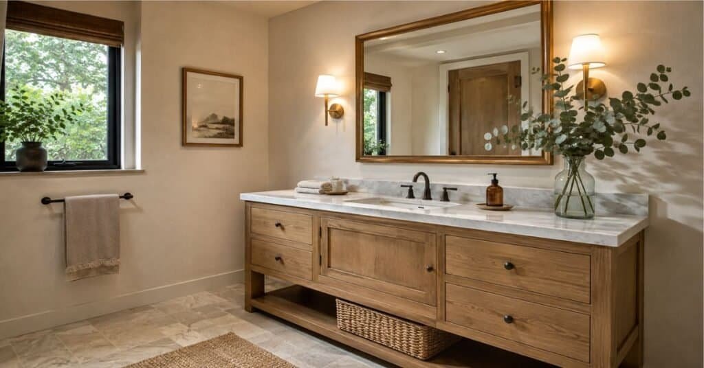 Framed decorative bathroom mirror above a wood vanity with warm sconces, marble look counter, matte black faucet, and clean styling.