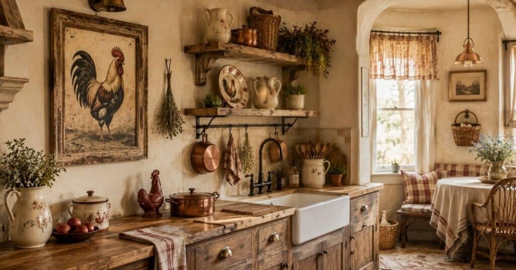 French country rooster kitchen decor with cream walls, rustic shelves, copper accents, linen curtains, and framed rooster art.