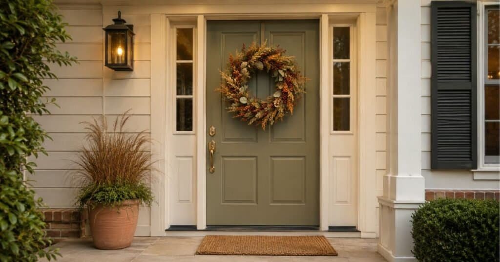 Front door autumn wreath sized for a standard 36 inch door with balanced placement, clear trim space, and eye level hanging height.