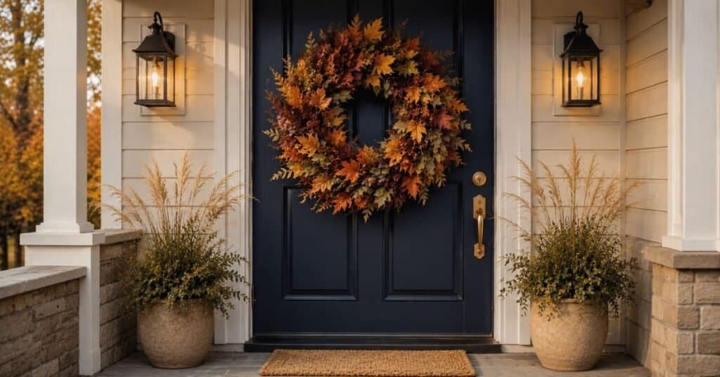 Front door autumn wreath with layered maple leaves in rust, burgundy, mustard, olive, and burnt orange on a navy door.