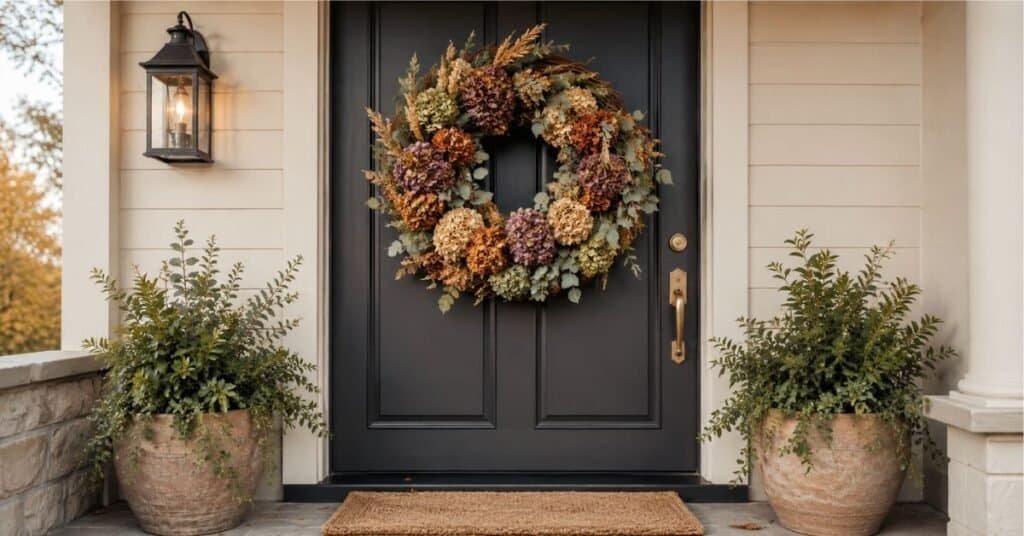Front door autumn wreaths with dried hydrangeas, eucalyptus, and wheat on a charcoal door with brass hardware.