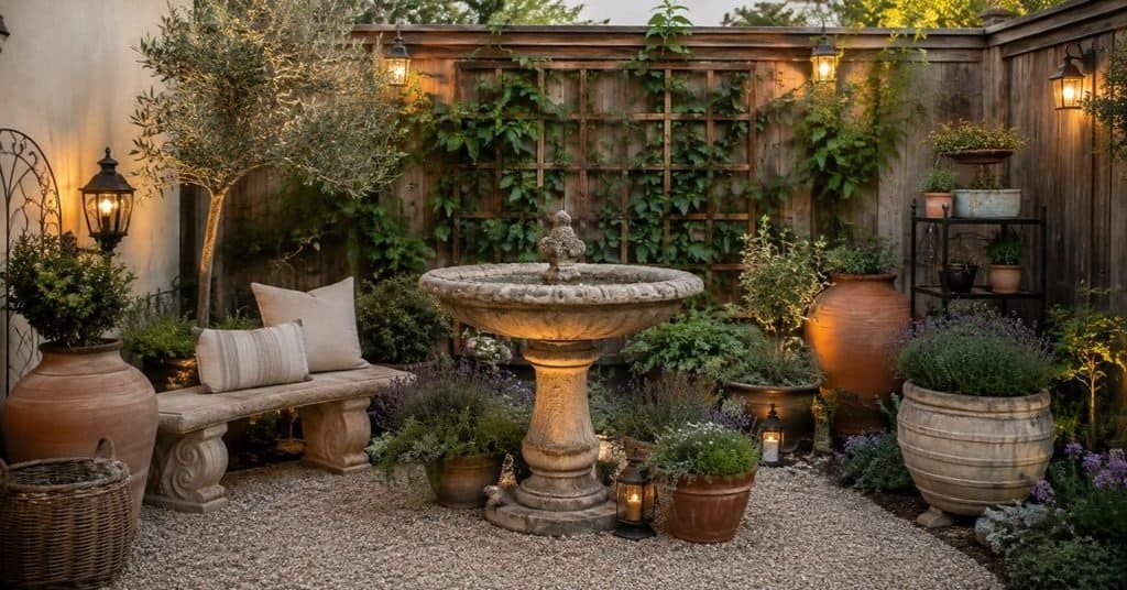 Garden accessories and decor arranged around a stone bird bath with a garden bench, terracotta planters, trellis, and warm backyard lighting.
