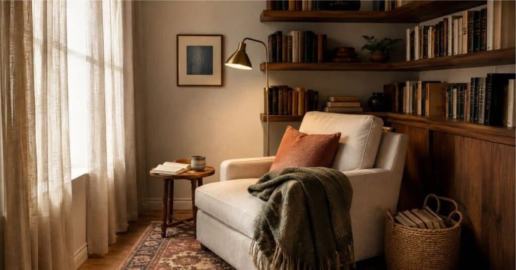 Home library small space nook with walnut bookshelves, cream reading chair, brass floor lamp, rust pillow, olive throw, and warm light.