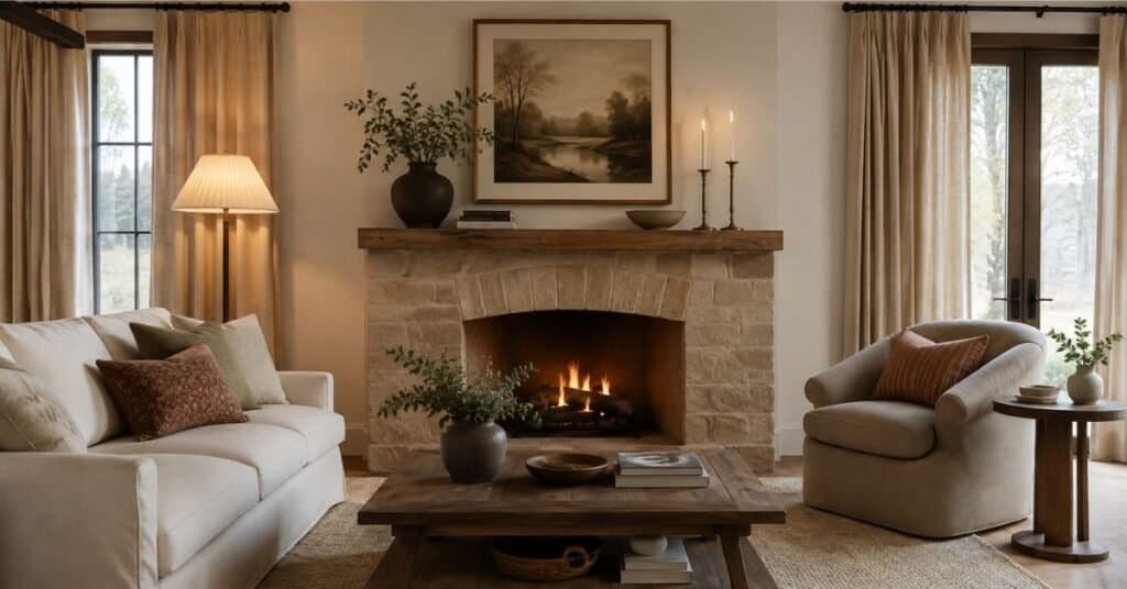 Layered fireplace mantel decor with framed artwork, ceramic vase, books, greenery, and brass candle holders in a warm living room.