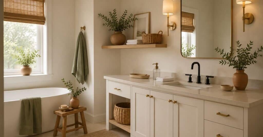 Minimalist bathroom decor with clear cream counter, glass soap dispenser, folded towel, pale oak shelf, woven basket, and warm brass sconce.