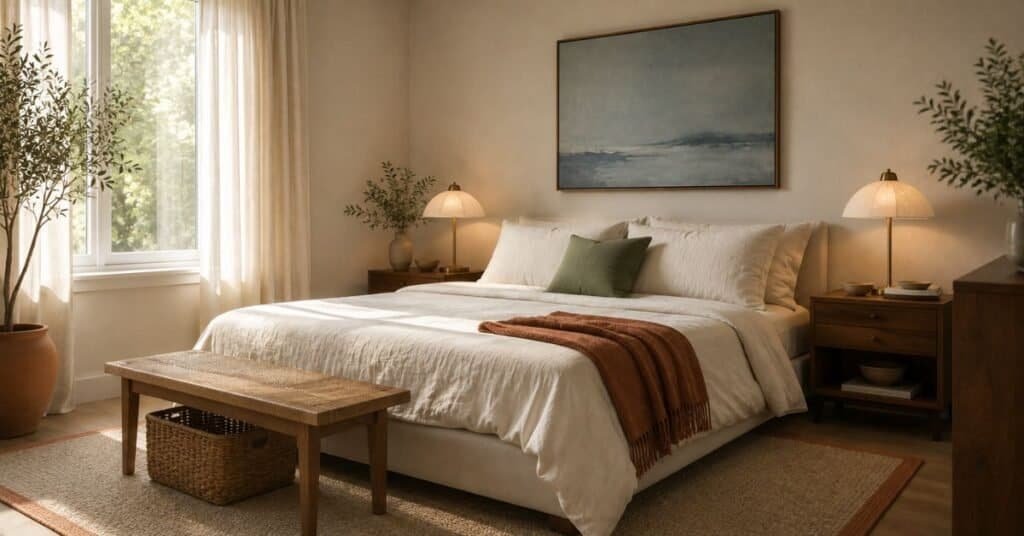 Minimalist bedroom decor with warm cream bedding, sage pillow, rust throw, walnut nightstands, brass lamps, and clear surfaces.