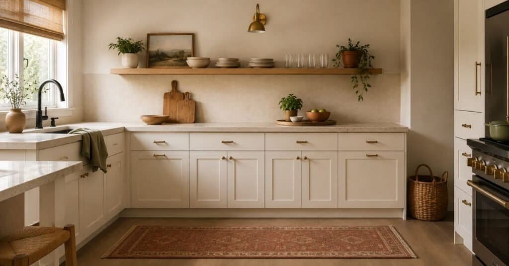 Minimalist kitchen decor with clear cream counter, clay bowl, small herb, pale oak shelf, sage towel, rust runner, and warm brass accents.