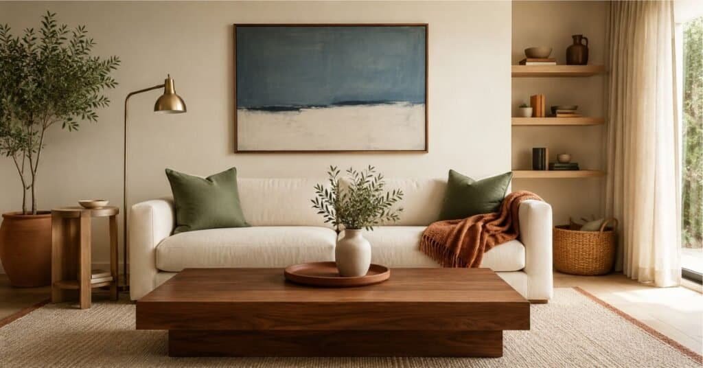 Minimalist living room decor with cream sofa, sage pillows, rust throw, walnut coffee table, clay tray, and warm brass lamp.