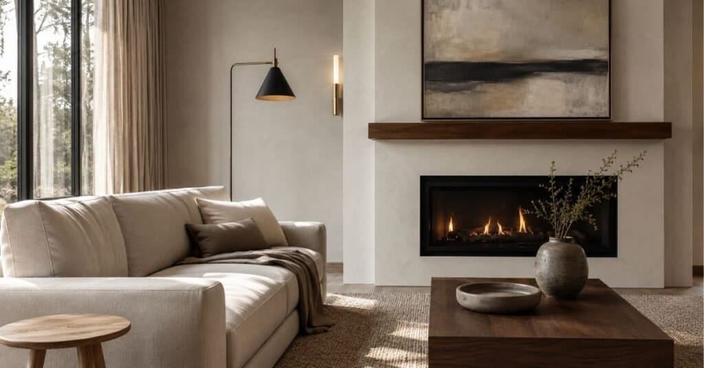 Modern fireplace with smooth plaster, walnut mantel, abstract artwork, soft neutral seating, and warm ambient lighting.