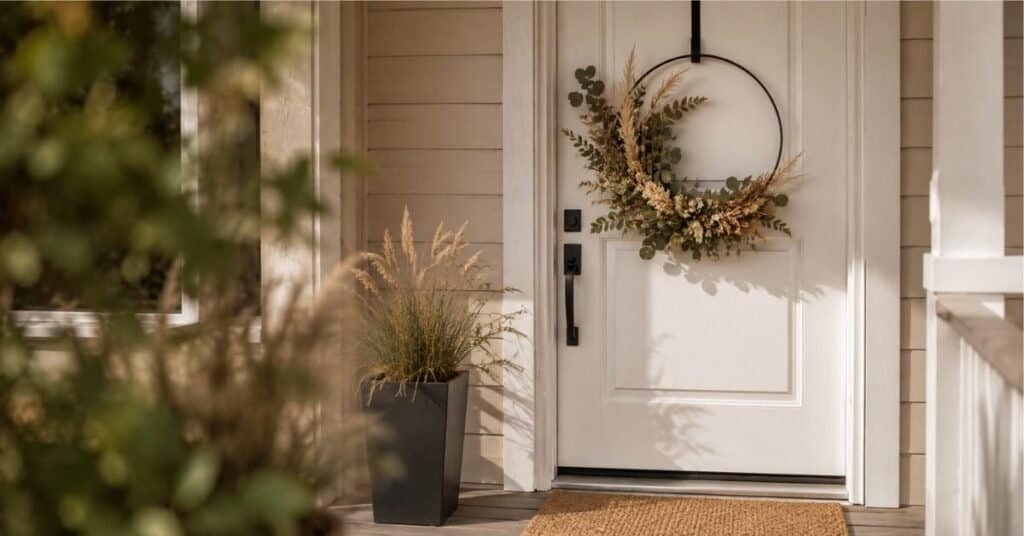 Modern front door autumn wreath with eucalyptus, pampas grass, wheat, and soft neutral foliage on a warm white door.