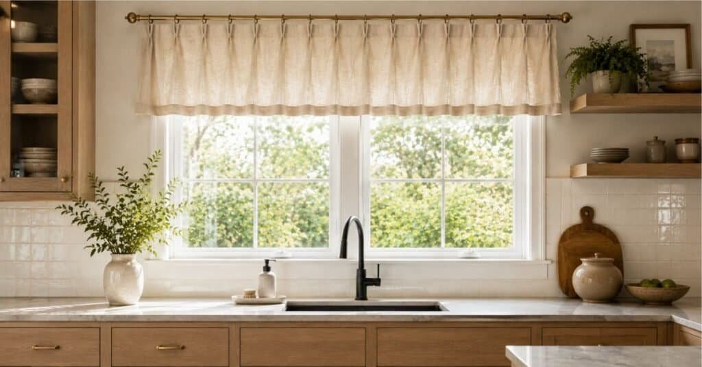 Modern kitchen valance ideas for an over sink window with beige linen fabric, brass rod, oak cabinets, and clean counter styling.