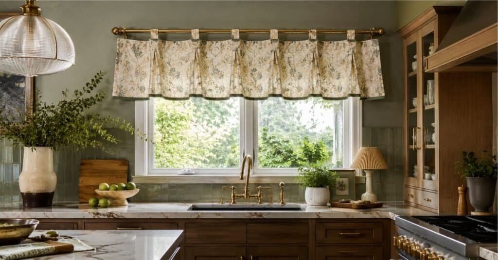 Modern kitchen valance ideas with a beige linen valance, neutral Roman shade, oak cabinets, brass rod, and soft window light