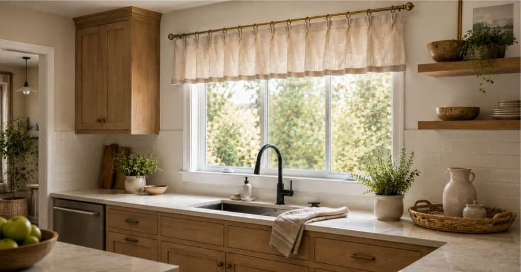 Modern kitchen valance ideas with a high mounted beige linen valance, brass rod, light oak cabinets, and clear sink counter.