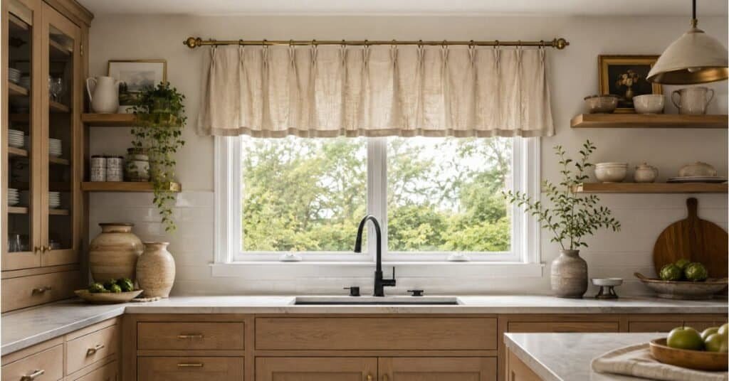 Modern kitchen valance ideas with beige linen fabric, brass rod, oak cabinets, white backsplash, and soft sink window light.