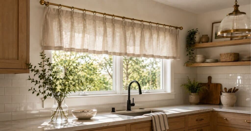 Modern valance ideas for kitchen windows with beige linen fabric, brass rod, oak cabinets, and soft filtered sunlight.
