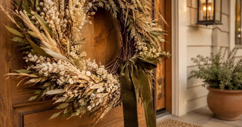 Neutral front door autumn wreath with wheat stalks, cream seed heads, olive leaves, and a velvet ribbon on a wood door.