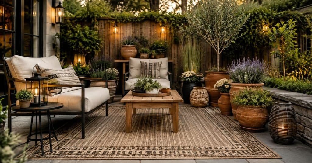 Neutral outdoor rug under cozy garden seating with cream chairs, warm wood table, black metal accents, and terracotta planters.