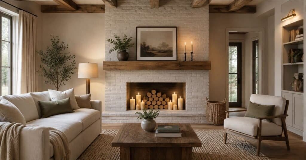 Non working fireplace styled with decorative logs and warm flameless candles in a cozy neutral living room.