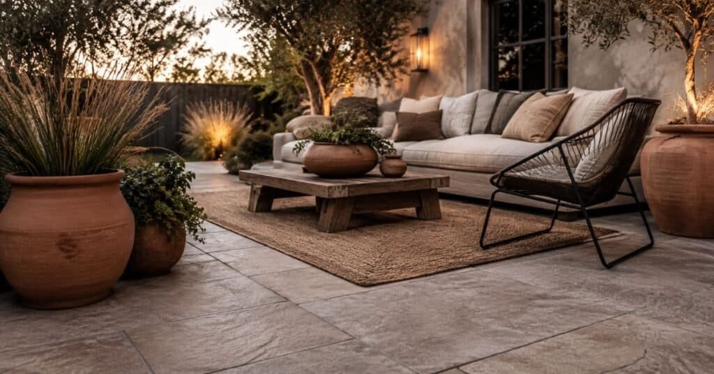 Outdoor décor tiles in warm neutral tones with patio seating, woven rug, terracotta planters, and clean backyard styling.