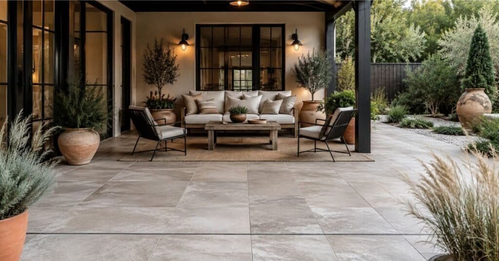 Outdoor décor tiles with textured finish, warm gray grout, patio seating, planters, and safe backyard flooring.