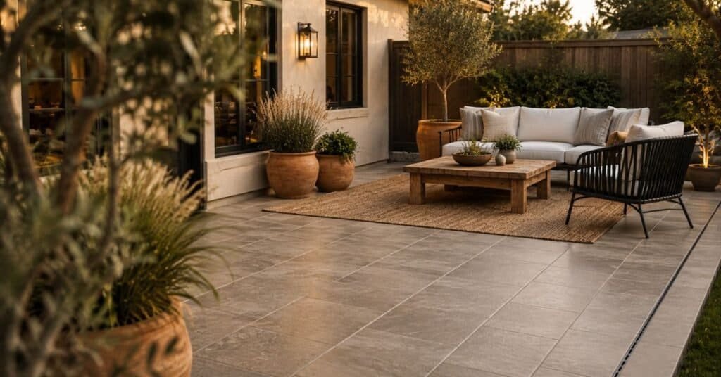 Outdoor tile patio with textured porcelain tiles, tidy grout lines, drainage slope, planters, and cozy backyard seating.