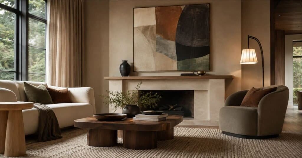 Oversized artwork above a modern fireplace with warm wood, brass accents, and soft neutral living room decor.